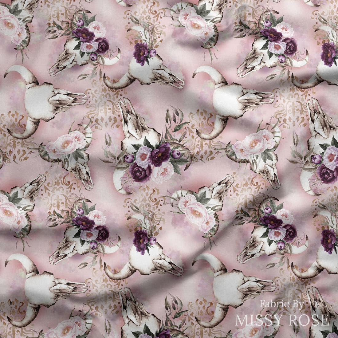 Design 476 Floral Bullskull Fabric draped fabric mockup – custom printed fabric by the metre | Fabric by Missy Rose