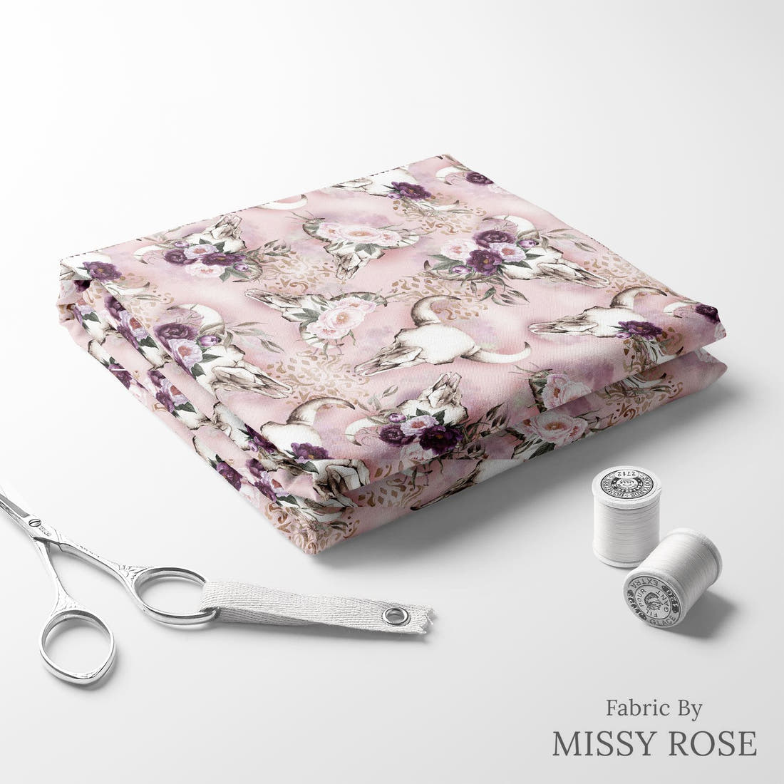 Design 476 Floral Bullskull Fabric folded fabric stack with matching thread – pre-order fabric Australia | Fabric by Missy Rose