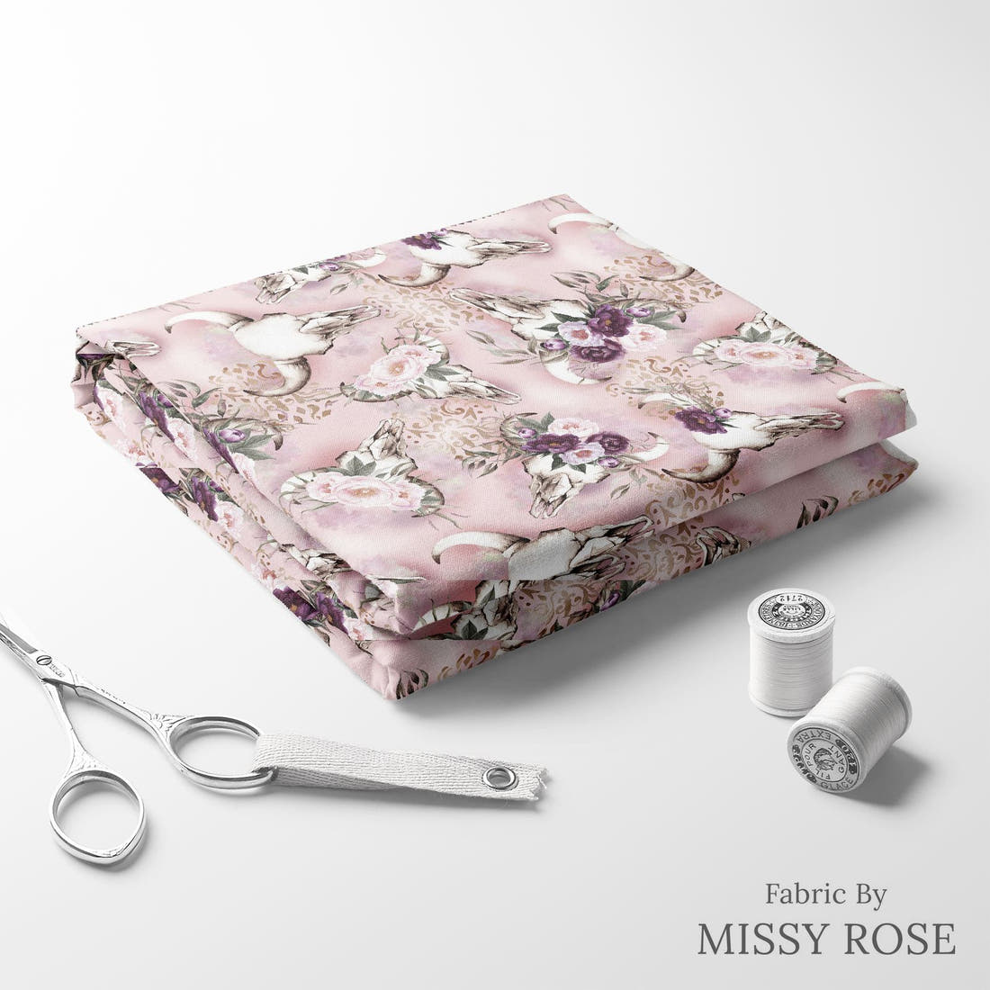 Design 476 Floral Bullskull Fabric folded fabric stack with matching thread – pre-order fabric Australia | Fabric by Missy Rose