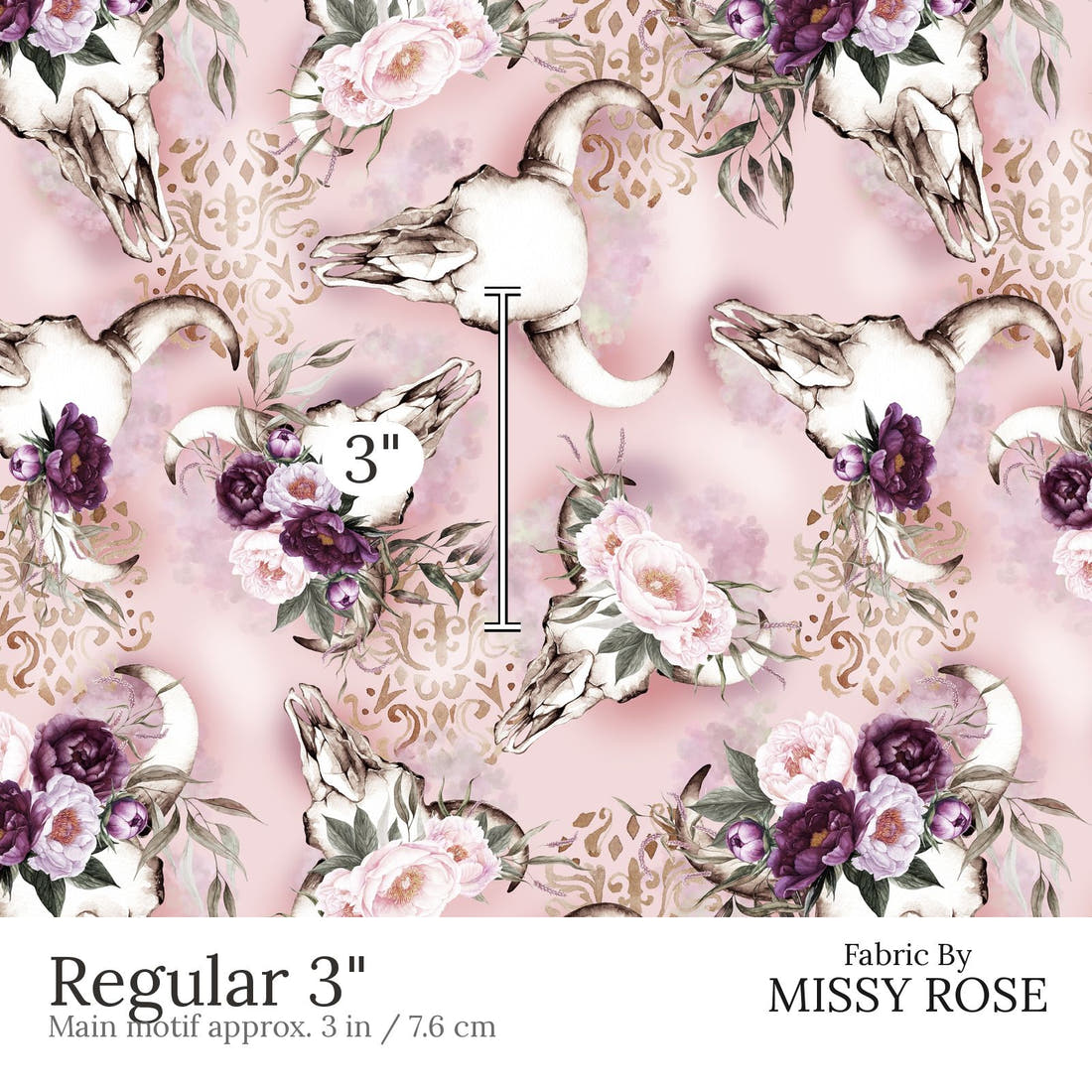 Design 476 Floral Bullskull Fabric Regular 3 inch print scale guide | Fabric by Missy Rose