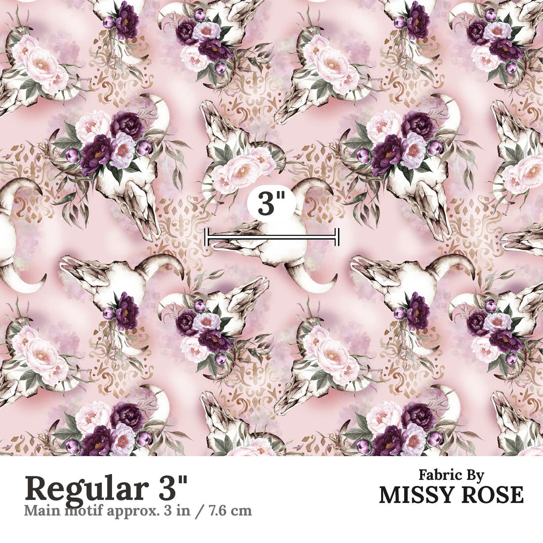Design 476 Floral Bull Skull Fabric Regular 3" - print scale | Fabric by Missy Rose