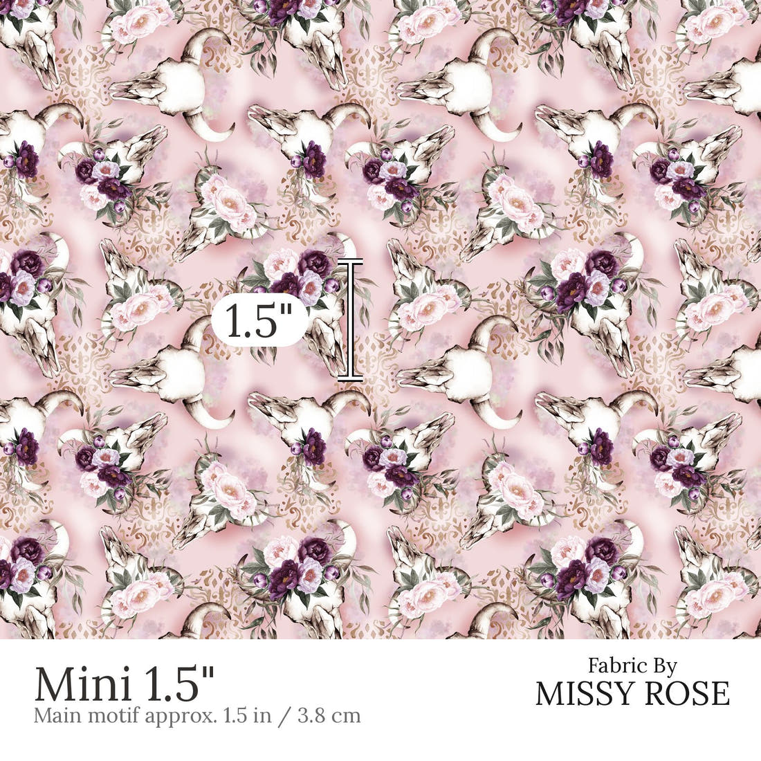 Design 476 Floral Bullskull Fabric Mini 1.5 inch print scale guide | Fabric by Missy Rose