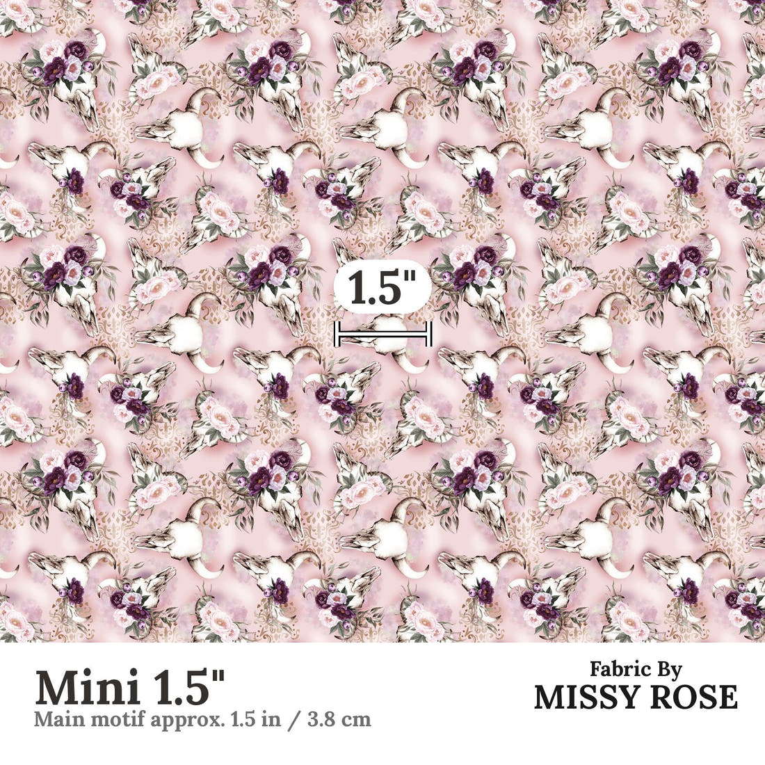 Design 476 Floral Bull Skull Fabric Mini 1.5" - print scale | Fabric by Missy Rose