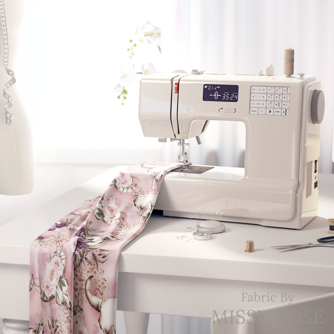Design 476 Floral Bullskull Fabric on a sewing machine – premium fabric for sewing projects | Fabric by Missy Rose