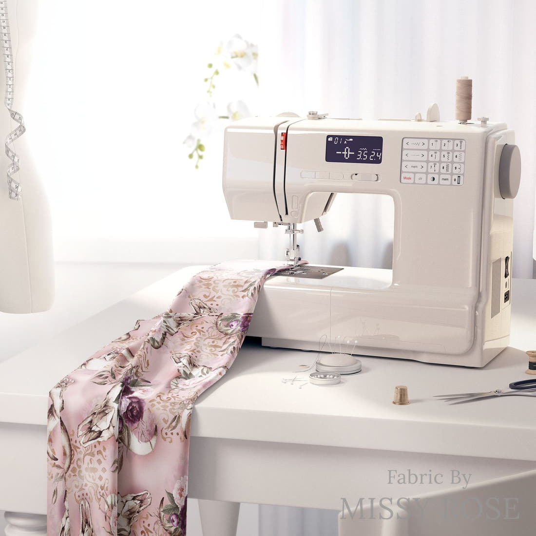 Design 476 Floral Bullskull Fabric on a sewing machine – premium fabric for sewing projects | Fabric by Missy Rose