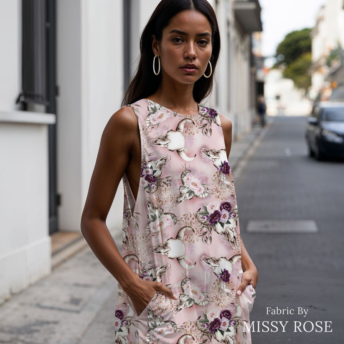 Design 476 Floral Bullskull Fabric sewn into a women's jumpsuit – see how the print looks made up | Fabric by Missy Rose