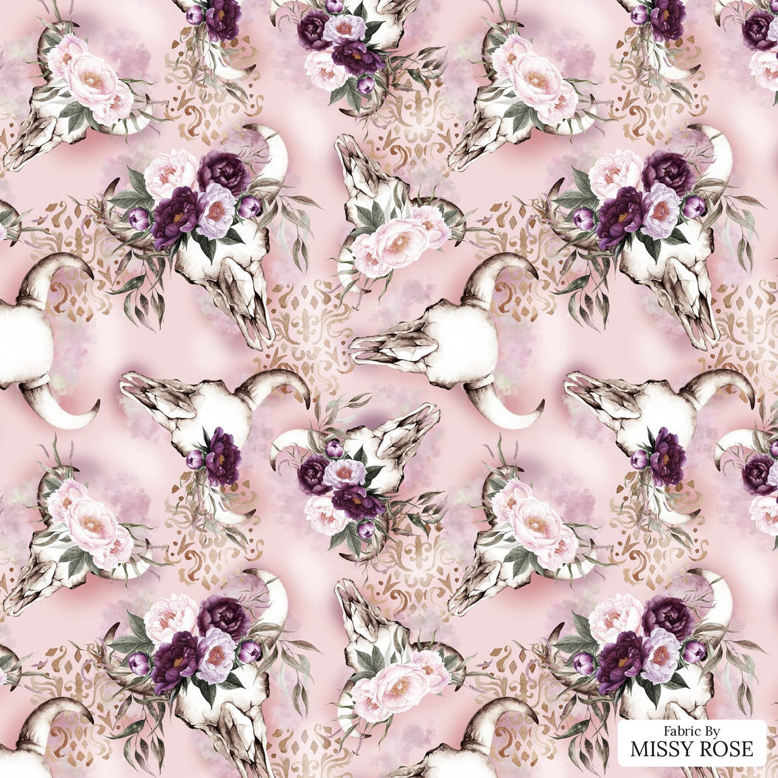 Design 476 Floral Bull Skull Fabric - flat view of the print, zoom in for detail | Fabric by Missy Rose