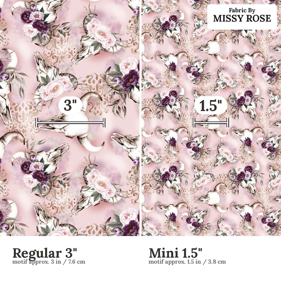 Design 476 Floral Bull Skull Fabric size comparison - print scale | Fabric by Missy Rose