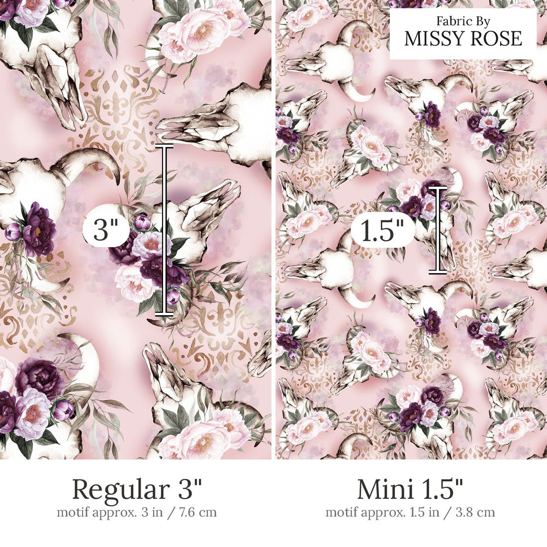 Design 476 Floral Bullskull Fabric Regular 3 inch vs Mini 1.5 inch print scale side by side | Fabric by Missy Rose