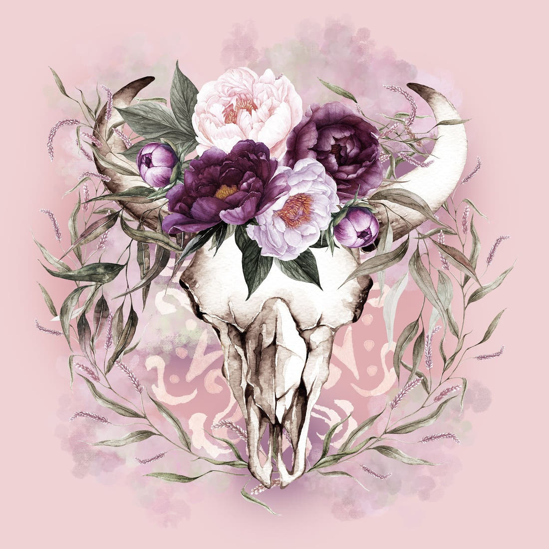 Design 476 Floral Bullskull Panel – full artwork close-up of the printed picture | Fabric by Missy Rose
