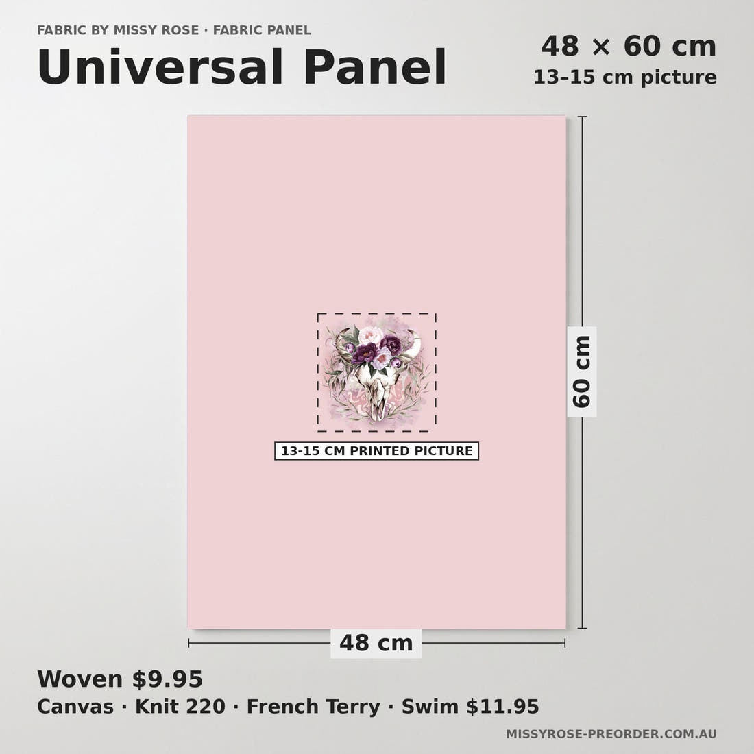 Design 476 Floral Bullskull Panel universal panel sizing – 13–15 cm printed picture on 48 × 60 cm fabric | Fabric by Missy Rose