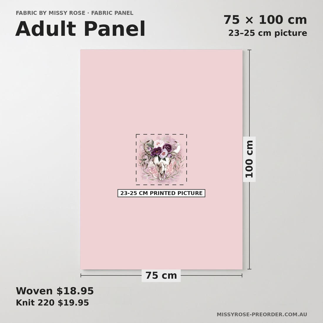 Design 476 Floral Bullskull Panel adult panel sizing – 23–25 cm printed picture on 75 × 100 cm fabric | Fabric by Missy Rose