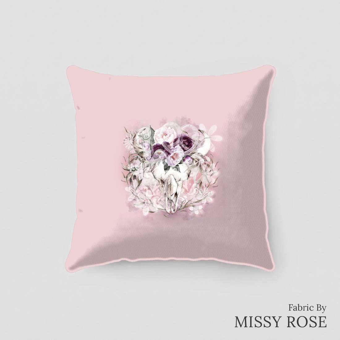 Design 476 Floral Bullskull Panel sewn into a cushion – see how the panel looks made up | Fabric by Missy Rose