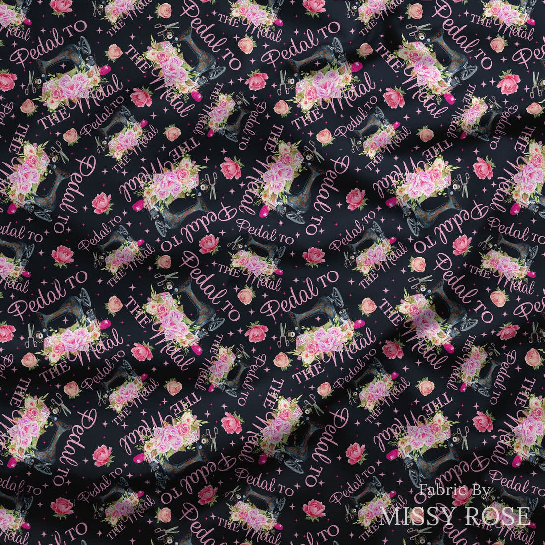 Design 477 Pedal to the Fabric draped fabric mockup – custom printed fabric by the metre | Fabric by Missy Rose