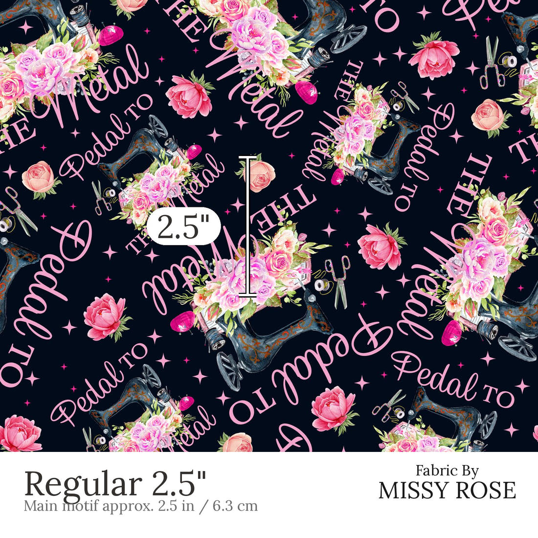 Design 477 Pedal to the Fabric Regular 2.5 inch print scale guide | Fabric by Missy Rose