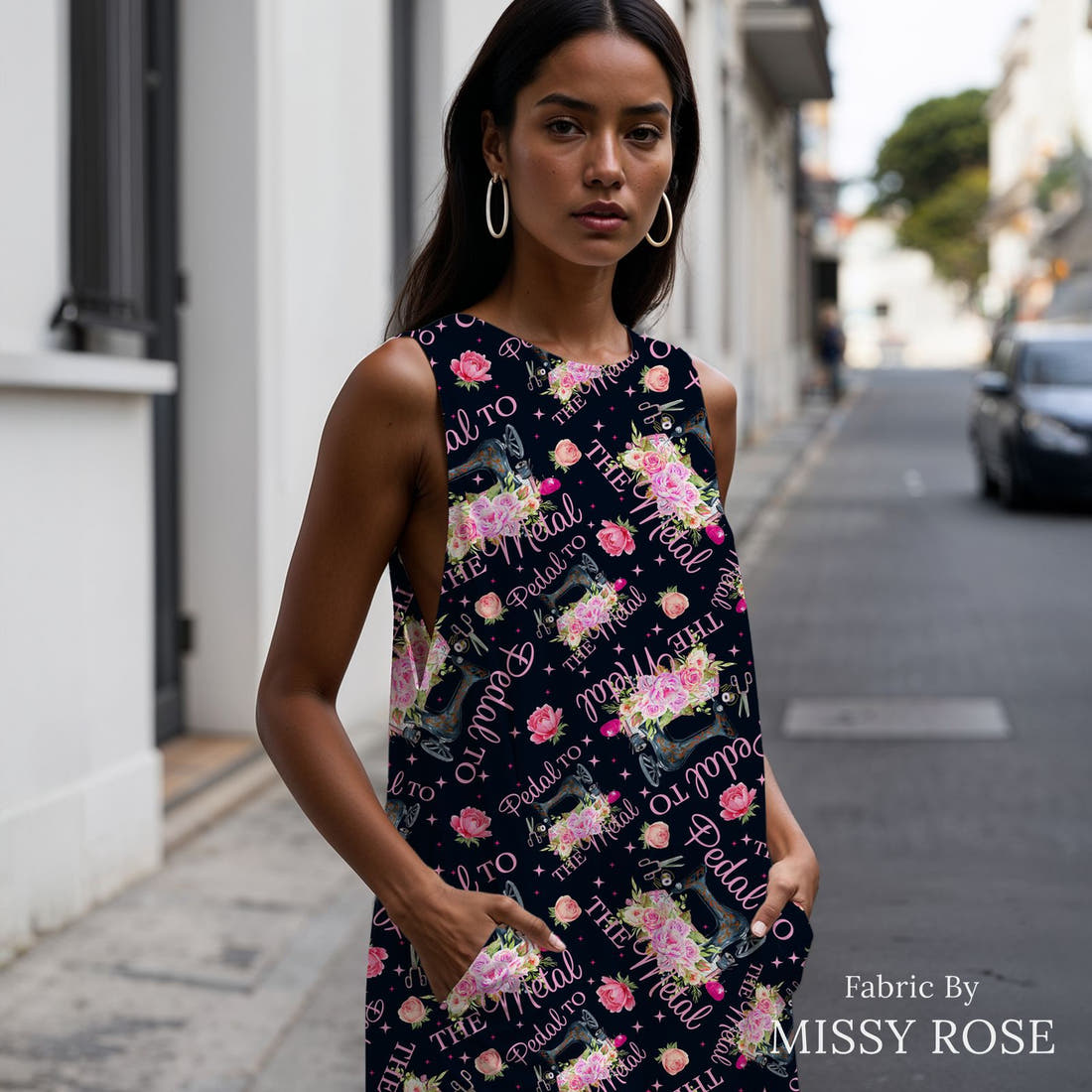 Design 477 Pedal to the Fabric sewn into a women's jumpsuit – see how the print looks made up | Fabric by Missy Rose