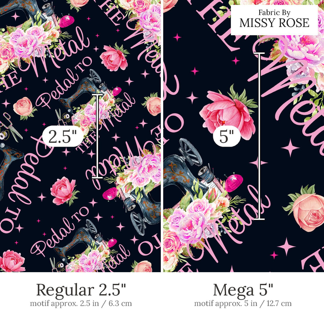 Design 477 Pedal to the Fabric Regular 2.5 inch vs Mega 5 inch print scale side by side | Fabric by Missy Rose