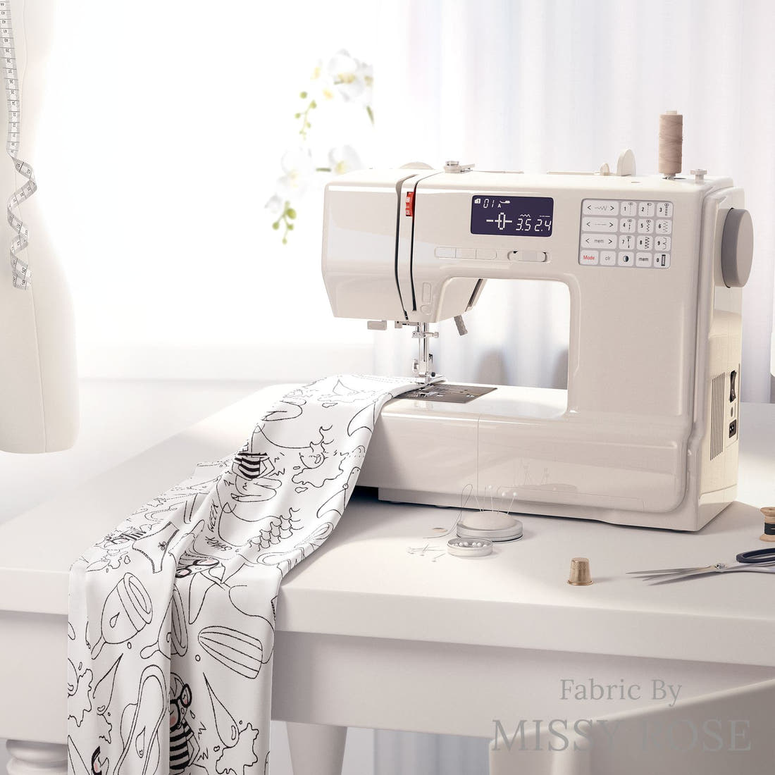 Design 478 Period Fabric on a sewing machine – premium fabric for sewing projects | Fabric by Missy Rose