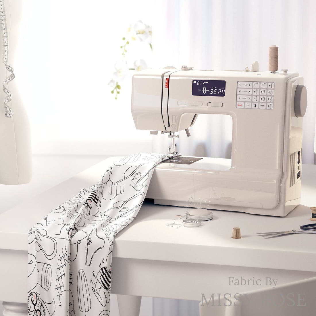 Design 478 Period Fabric on a sewing machine – premium fabric for sewing projects | Fabric by Missy Rose