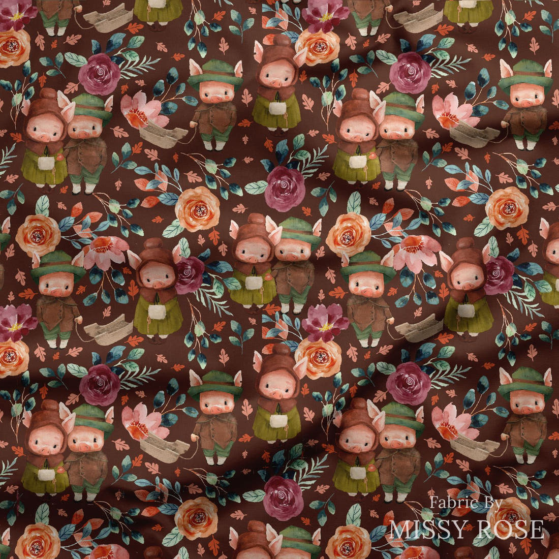 Design 479 Rustic Pigs Fabric draped fabric mockup – custom printed fabric by the metre | Fabric by Missy Rose