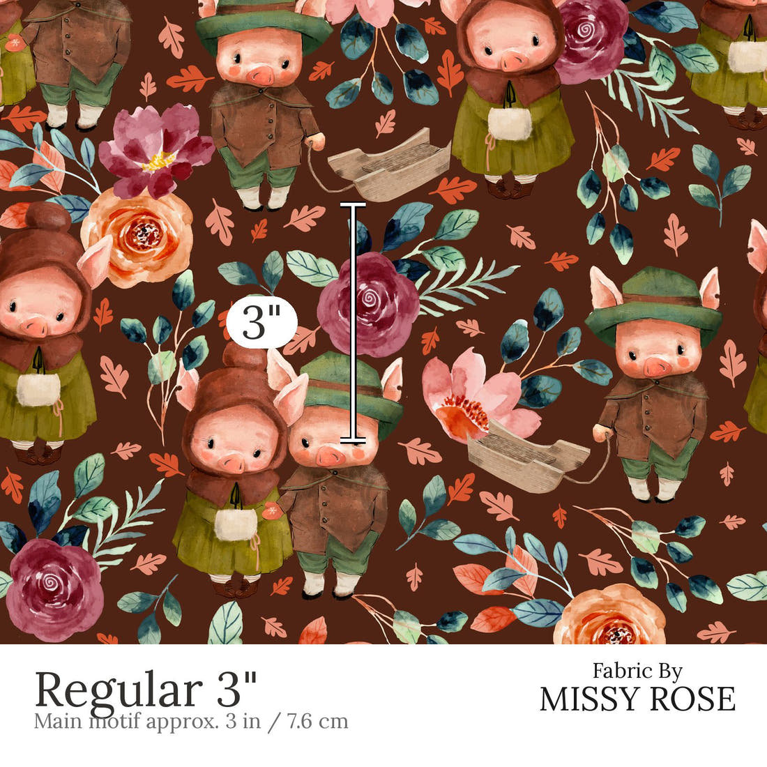 Design 479 Rustic Pigs Fabric Regular 3 inch print scale guide | Fabric by Missy Rose