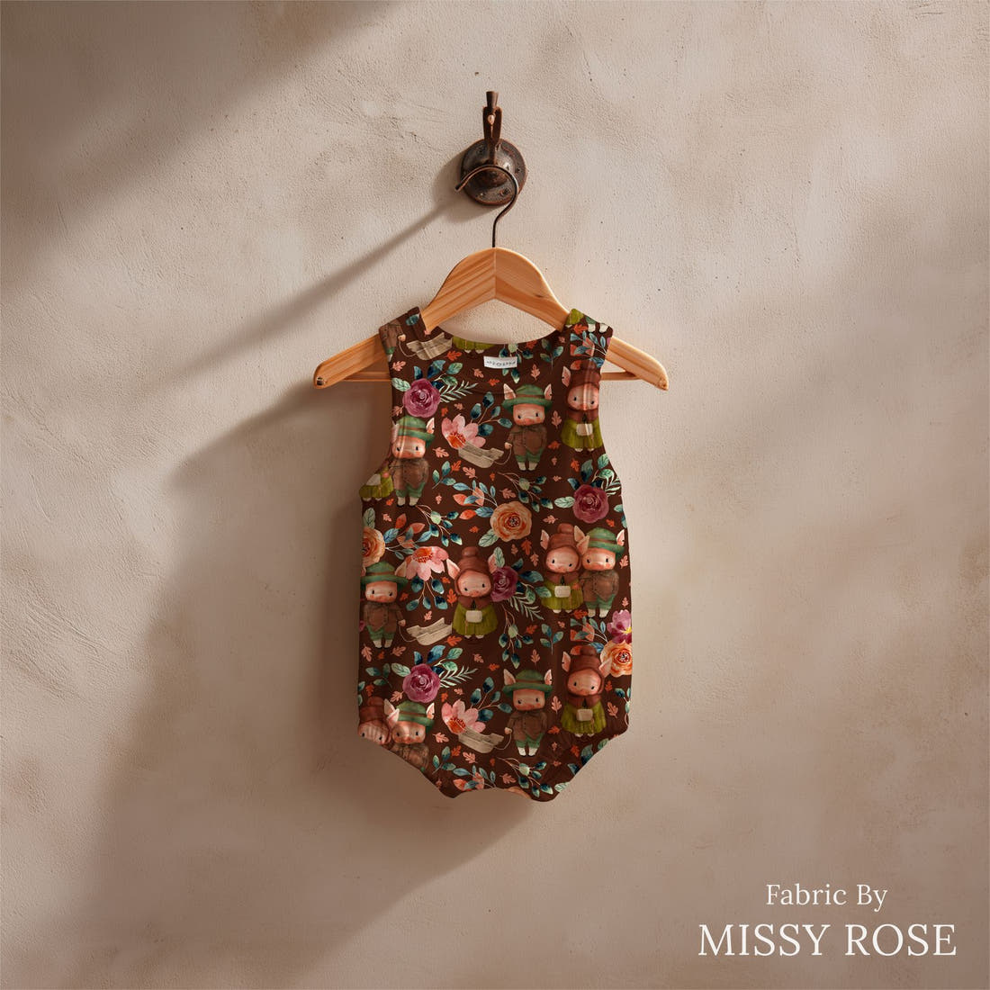 Design 479 Rustic Pigs Fabric sewn into a baby romper – see how the print looks made up | Fabric by Missy Rose
