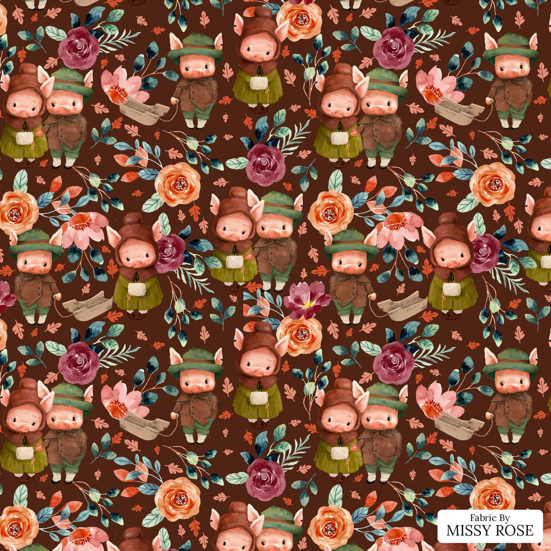 Design 479 Rustic Pigs Fabric - flat view of the print, zoom in for detail | Fabric by Missy Rose