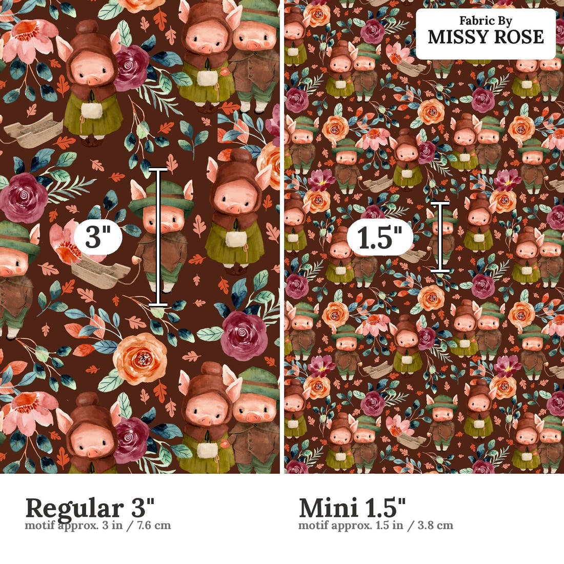 Design 479 Rustic Pigs Fabric size comparison - print scale | Fabric by Missy Rose