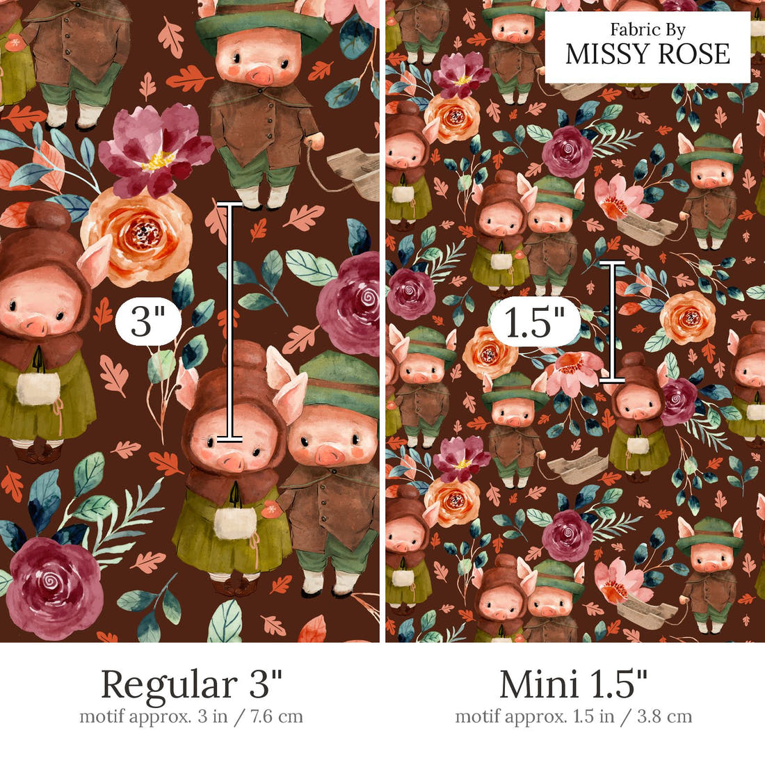 Design 479 Rustic Pigs Fabric Regular 3 inch vs Mini 1.5 inch print scale side by side | Fabric by Missy Rose