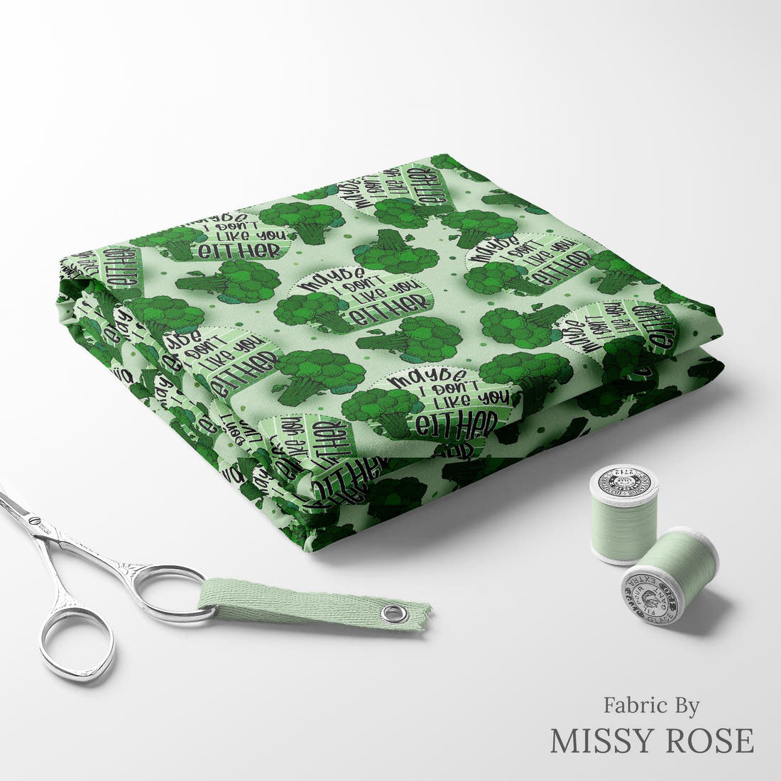 Design 48 Broccoli Fabric folded fabric stack with matching thread – pre-order fabric Australia | Fabric by Missy Rose