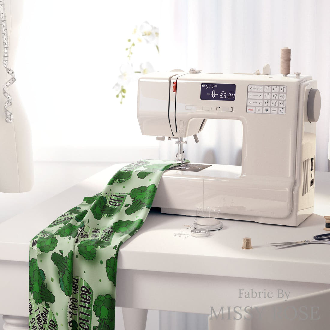 Design 48 Broccoli Fabric on a sewing machine – premium fabric for sewing projects | Fabric by Missy Rose