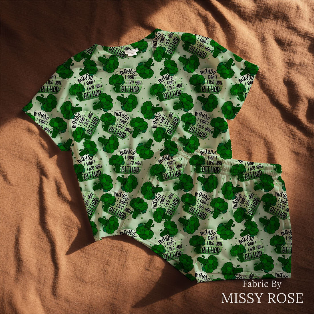 Design 48 Broccoli Fabric sewn into a lounge set – see how the print looks made up | Fabric by Missy Rose