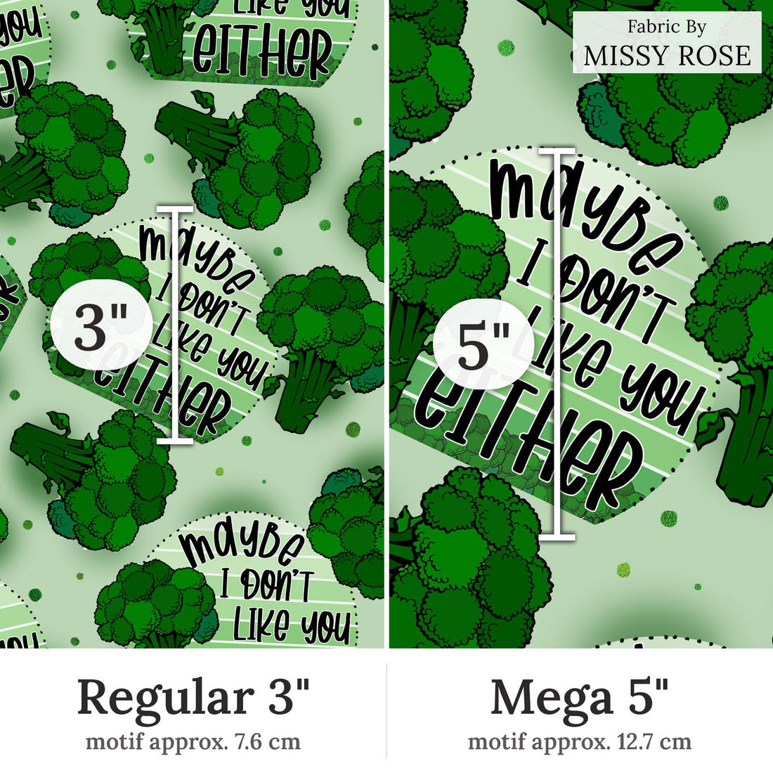 Design 48 Broccoli Fabric Regular 3 inch vs Mega 5 inch print scale side by side | Fabric by Missy Rose