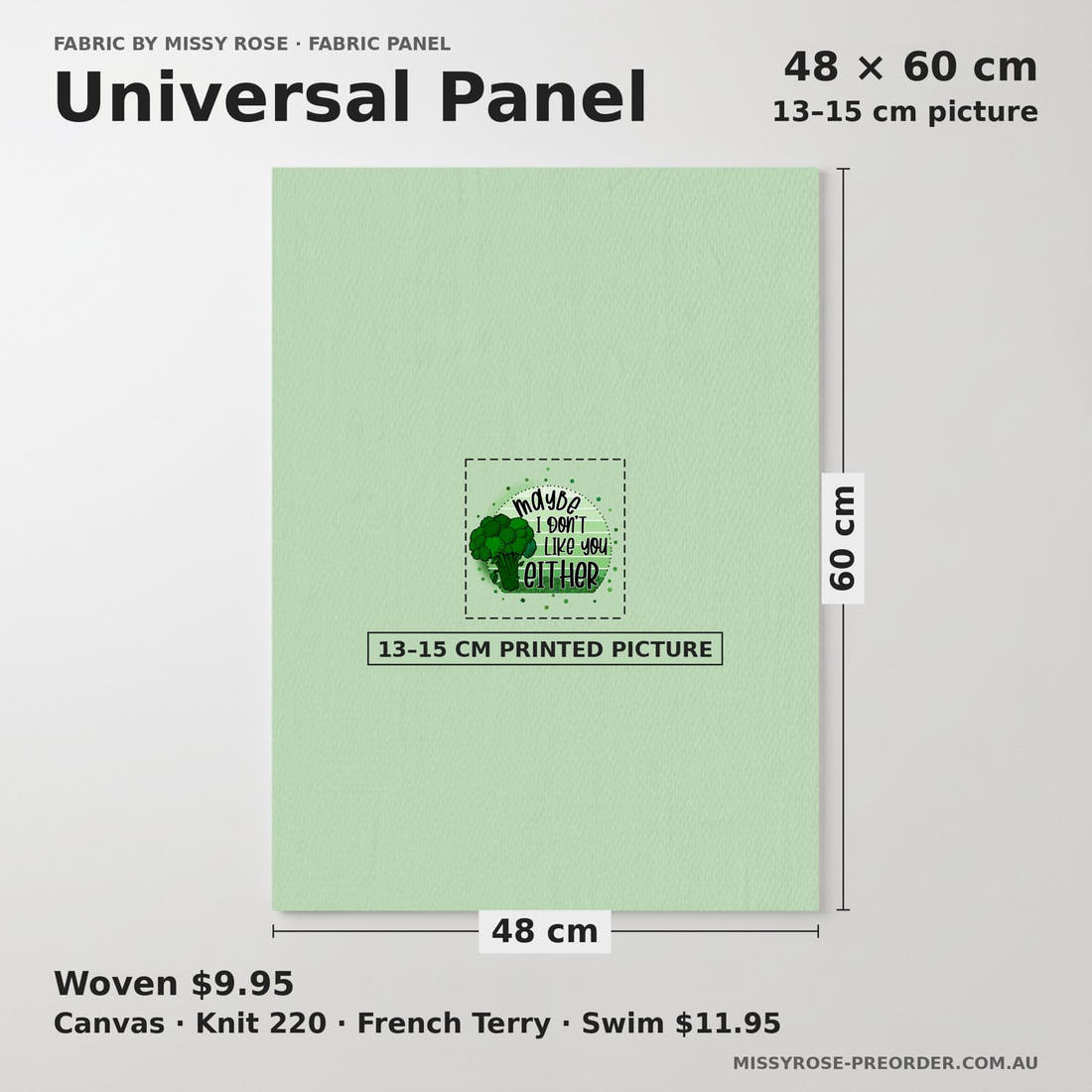 Design 48 Brocolli Panel universal panel sizing – 13–15 cm printed picture on 48 × 60 cm fabric | Fabric by Missy Rose
