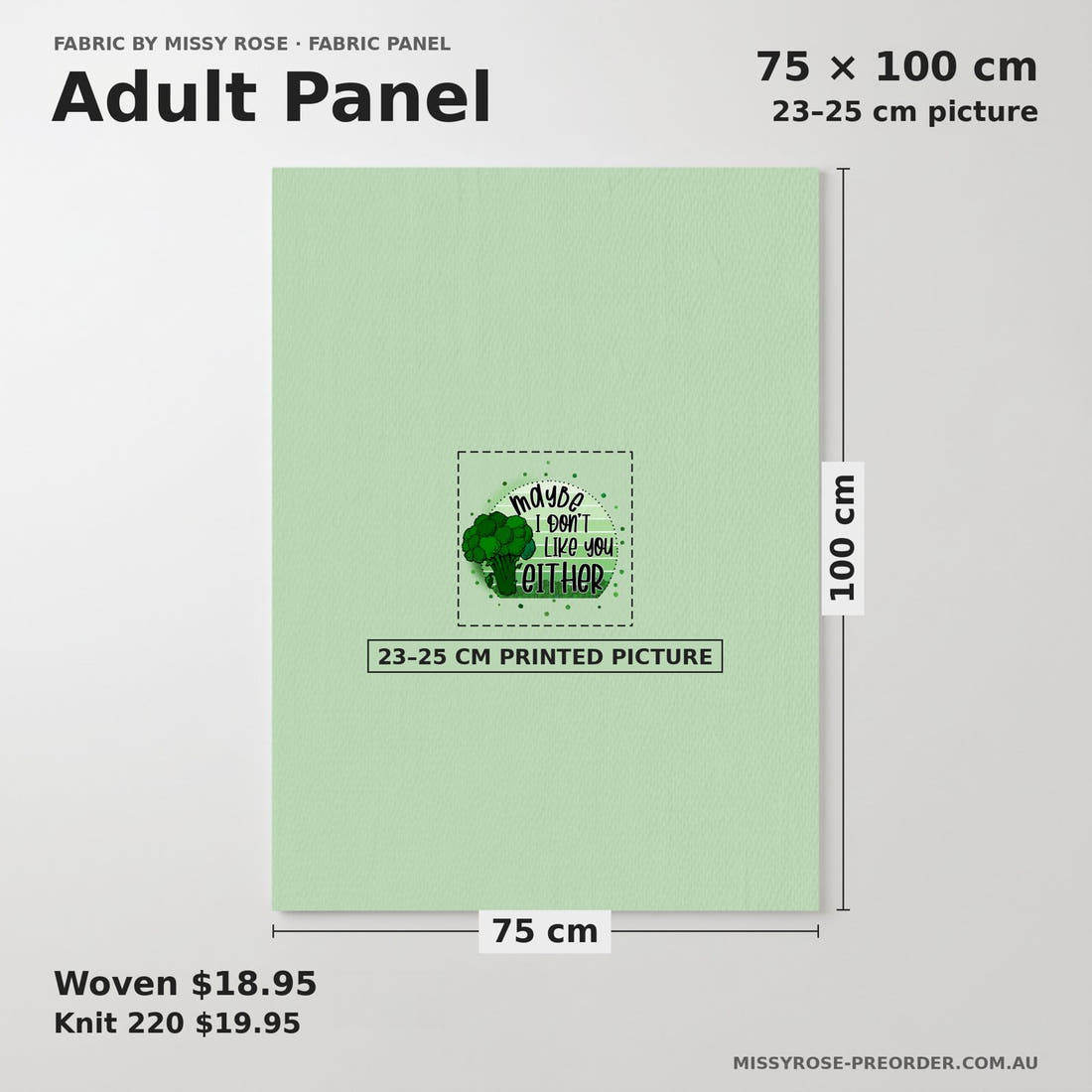 Design 48 Brocolli Panel adult panel sizing – 23–25 cm printed picture on 75 × 100 cm fabric | Fabric by Missy Rose