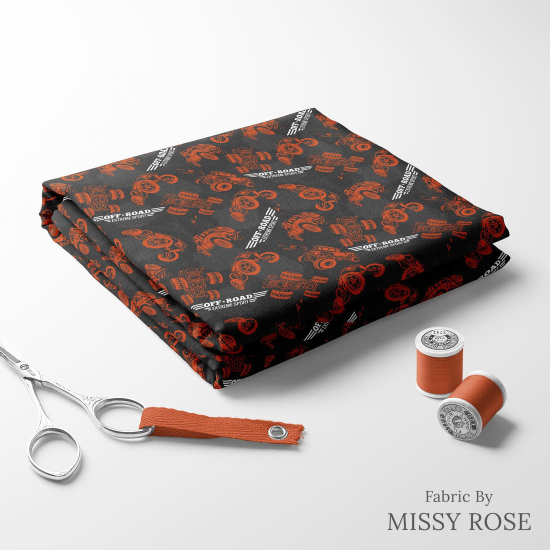 Design 480 Offroad Fabric folded fabric stack with matching thread – pre-order fabric Australia | Fabric by Missy Rose