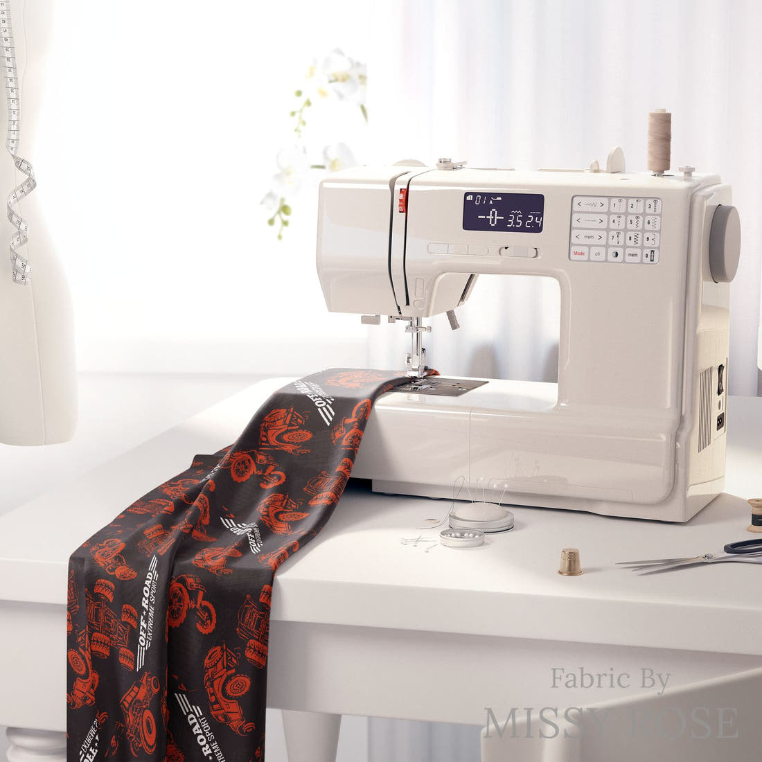 Design 480 Offroad Fabric on a sewing machine – premium fabric for sewing projects | Fabric by Missy Rose