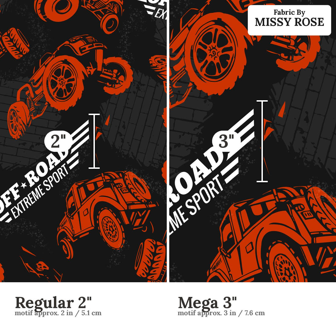 Design 480 Off Road Fabric size comparison - print scale | Fabric by Missy Rose