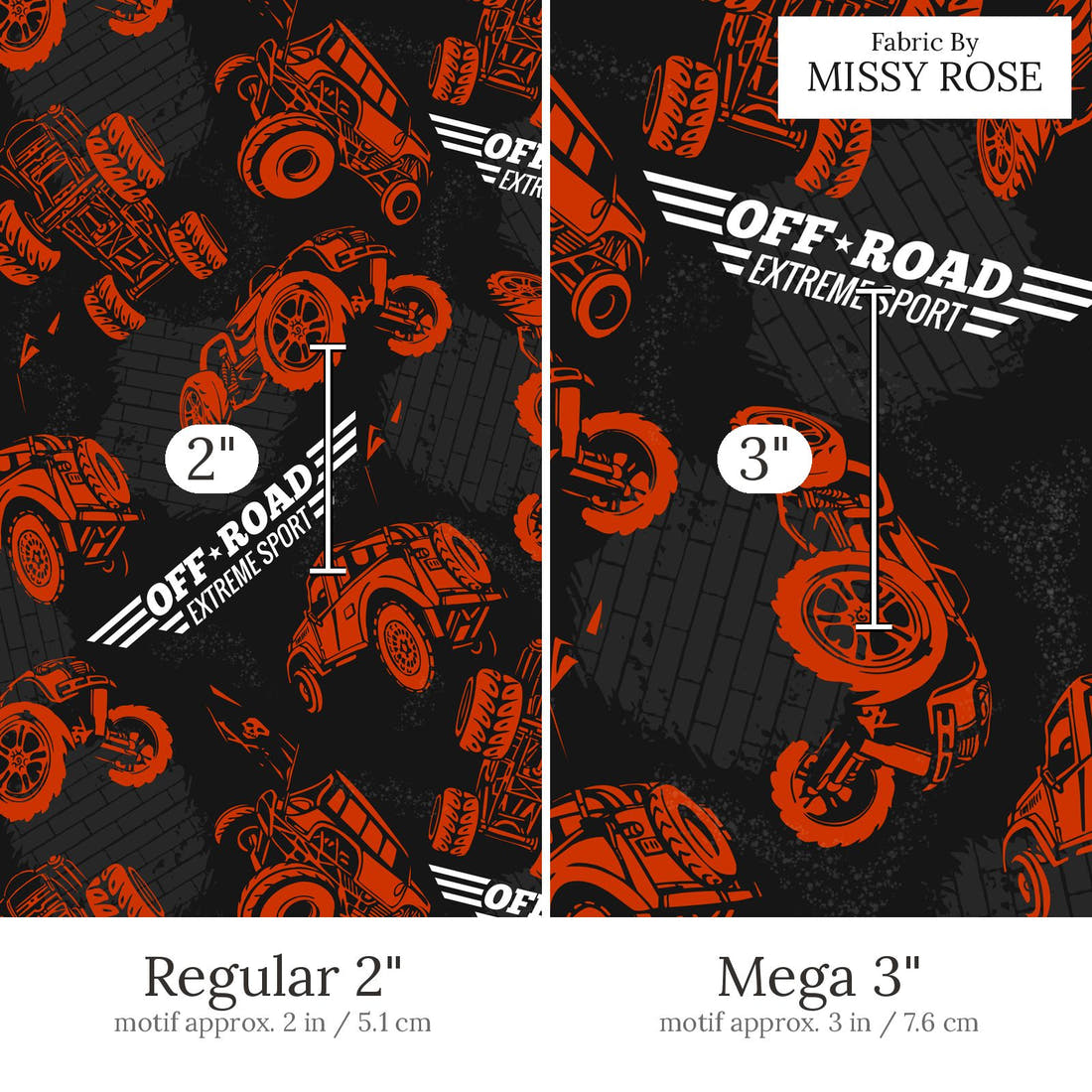 Design 480 Offroad Fabric Regular 2 inch vs Mega 3 inch print scale side by side | Fabric by Missy Rose