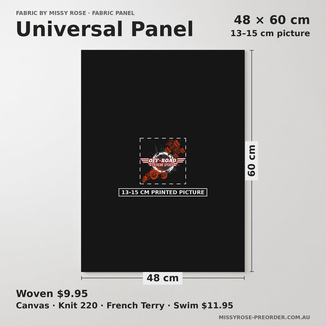 Design 480 Offroad Panel universal panel sizing – 13–15 cm printed picture on 48 × 60 cm fabric | Fabric by Missy Rose