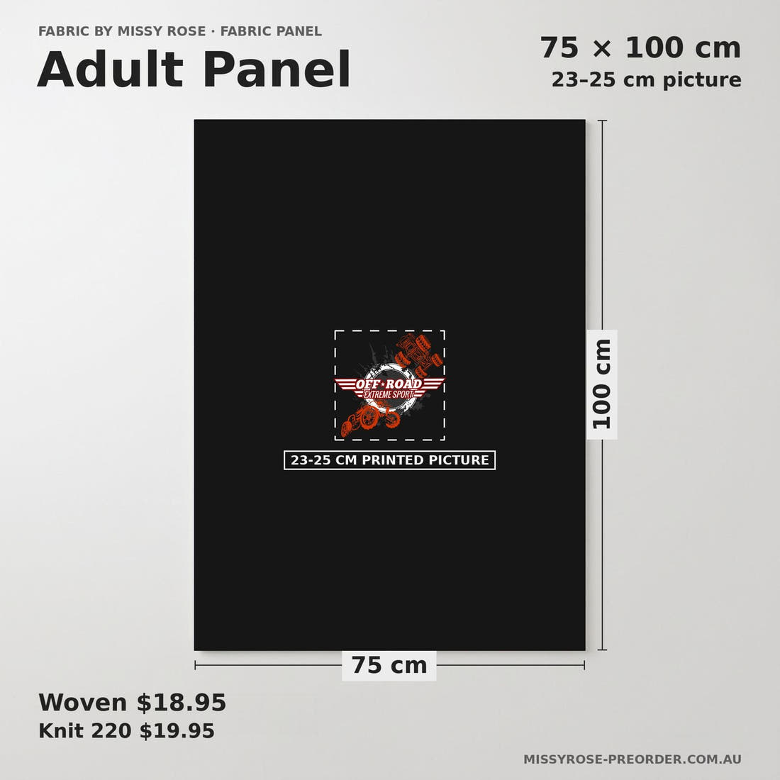 Design 480 Offroad Panel adult panel sizing – 23–25 cm printed picture on 75 × 100 cm fabric | Fabric by Missy Rose