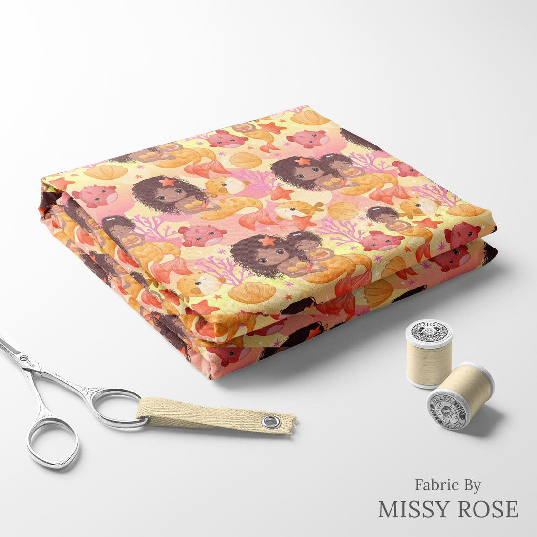 Design 481 Mummy Mermaid Fabric folded fabric stack with matching thread – pre-order fabric Australia | Fabric by Missy Rose