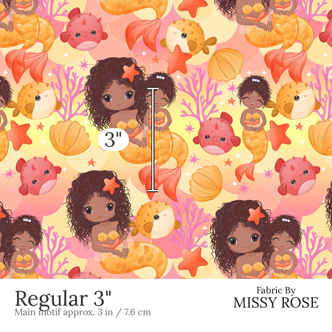 Design 481 Mummy Mermaid Fabric Regular 3 inch print scale guide | Fabric by Missy Rose