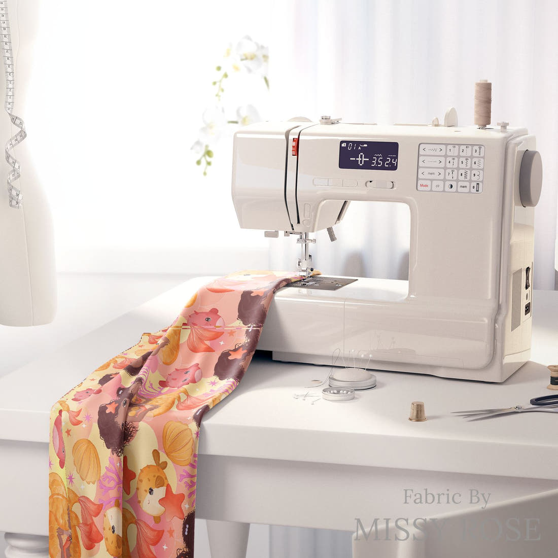 Design 481 Mummy Mermaid Fabric on a sewing machine – premium fabric for sewing projects | Fabric by Missy Rose