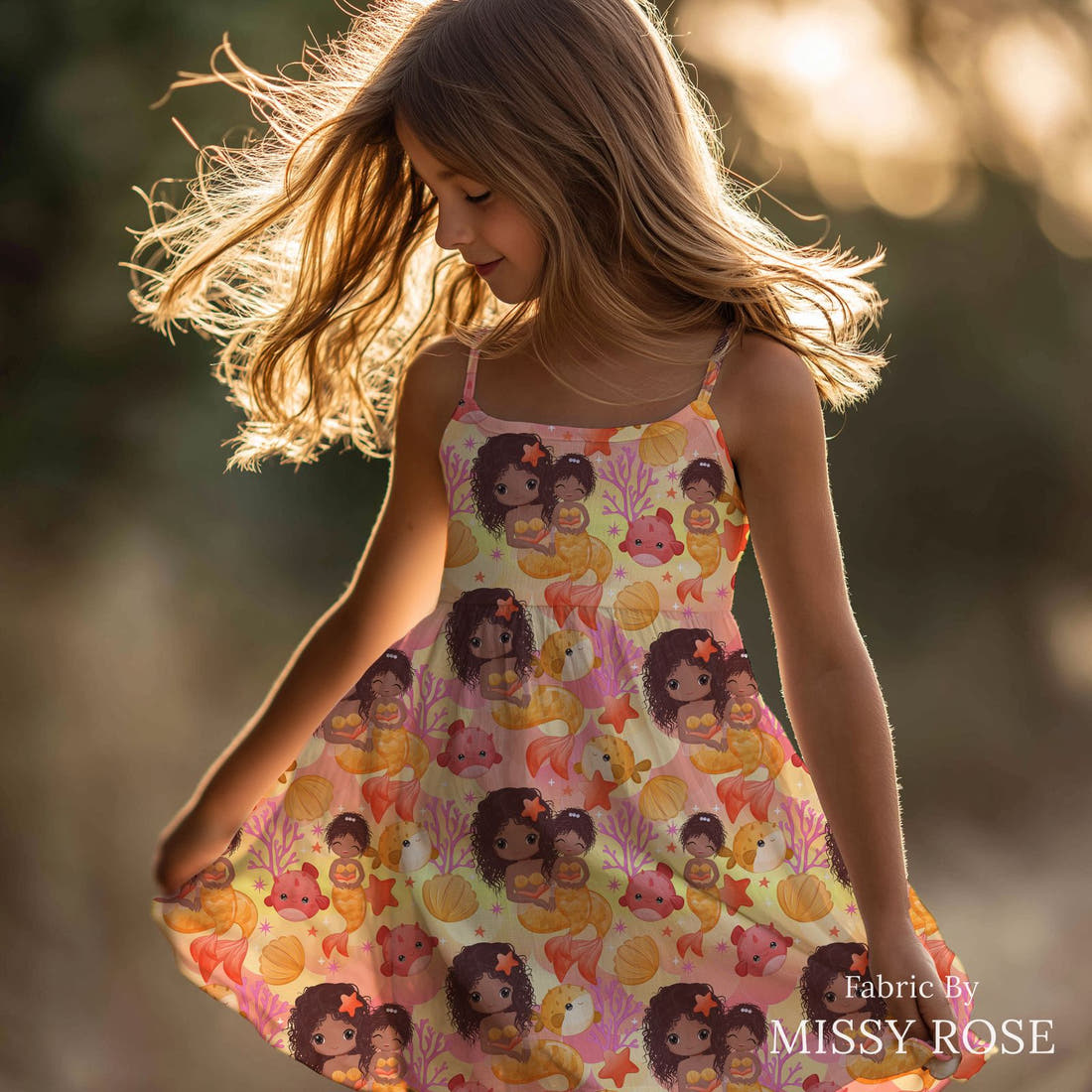 Design 481 Mummy Mermaid Fabric sewn into a girls' dress – see how the print looks made up | Fabric by Missy Rose
