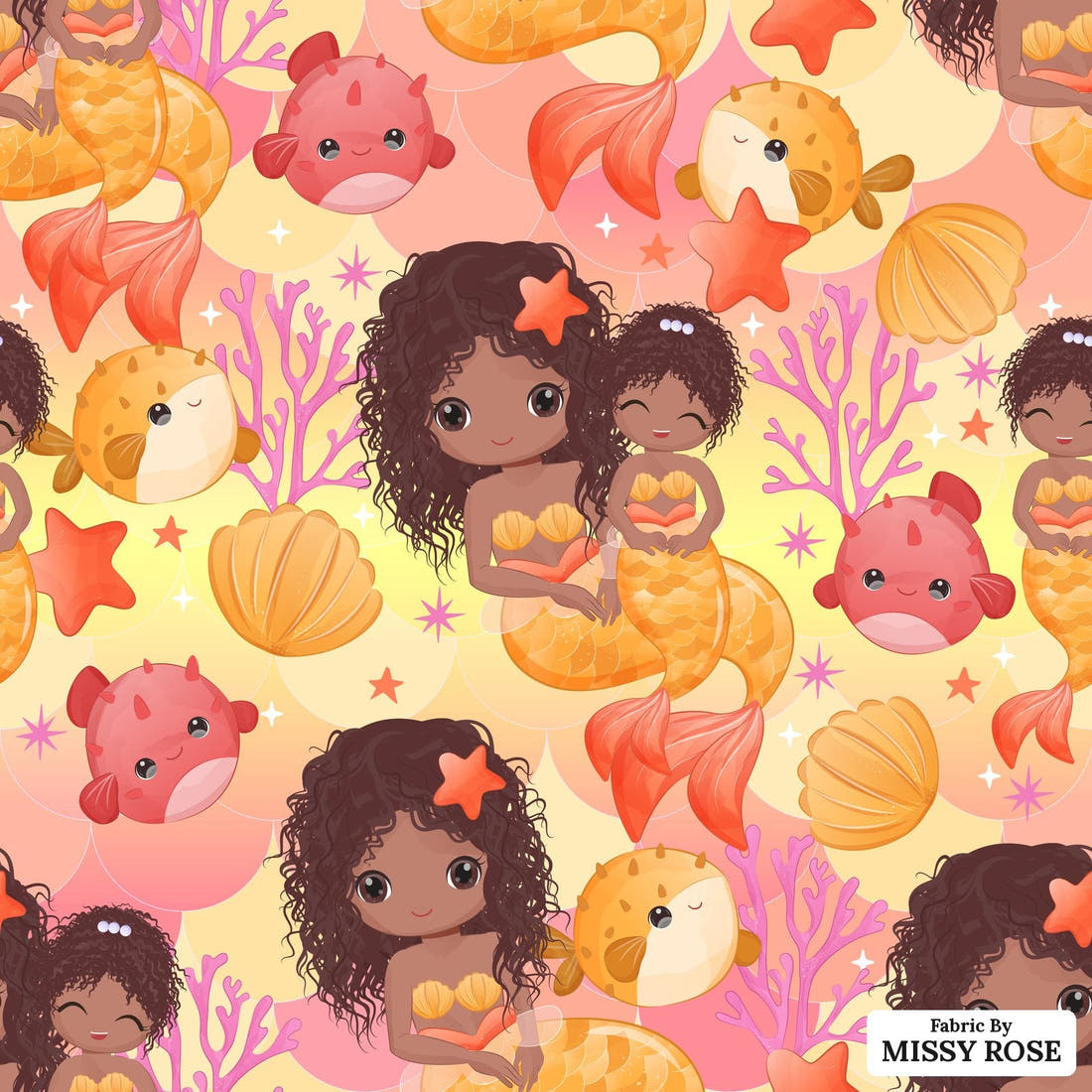 Design 481 Mummy Mermaid Fabric - flat view of the print, zoom in for detail | Fabric by Missy Rose