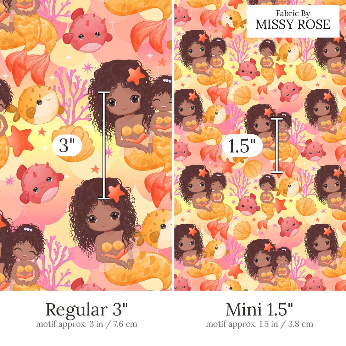 Design 481 Mummy Mermaid Fabric Regular 3 inch vs Mini 1.5 inch print scale side by side | Fabric by Missy Rose