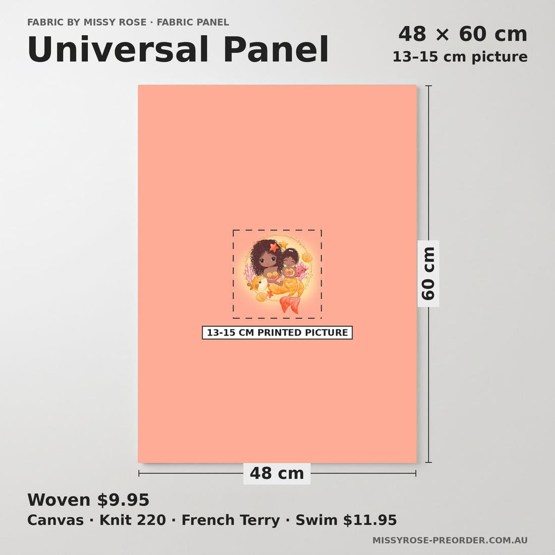 Design 481 Mummy Mermaid Panel universal panel sizing – 13–15 cm printed picture on 48 × 60 cm fabric | Fabric by Missy Rose