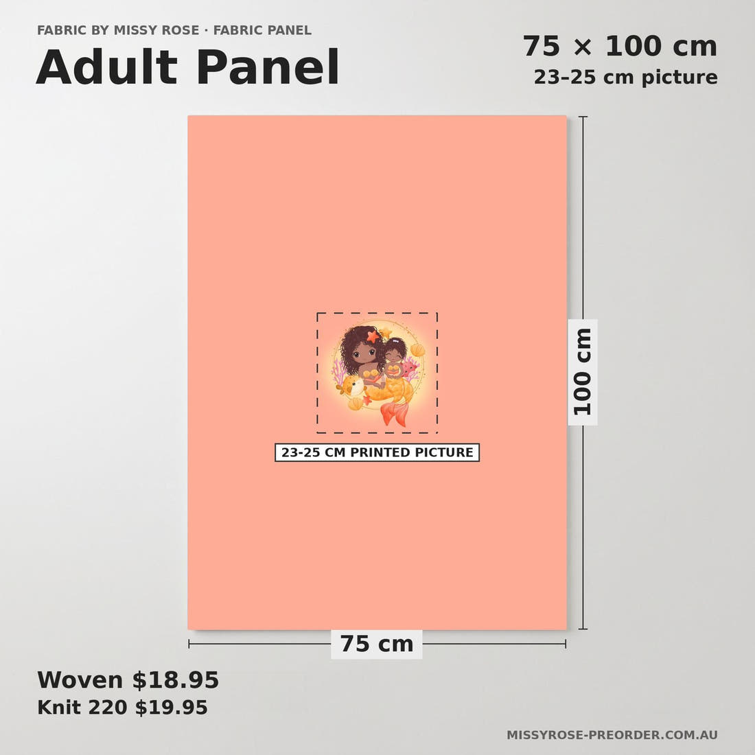 Design 481 Mummy Mermaid Panel adult panel sizing – 23–25 cm printed picture on 75 × 100 cm fabric | Fabric by Missy Rose