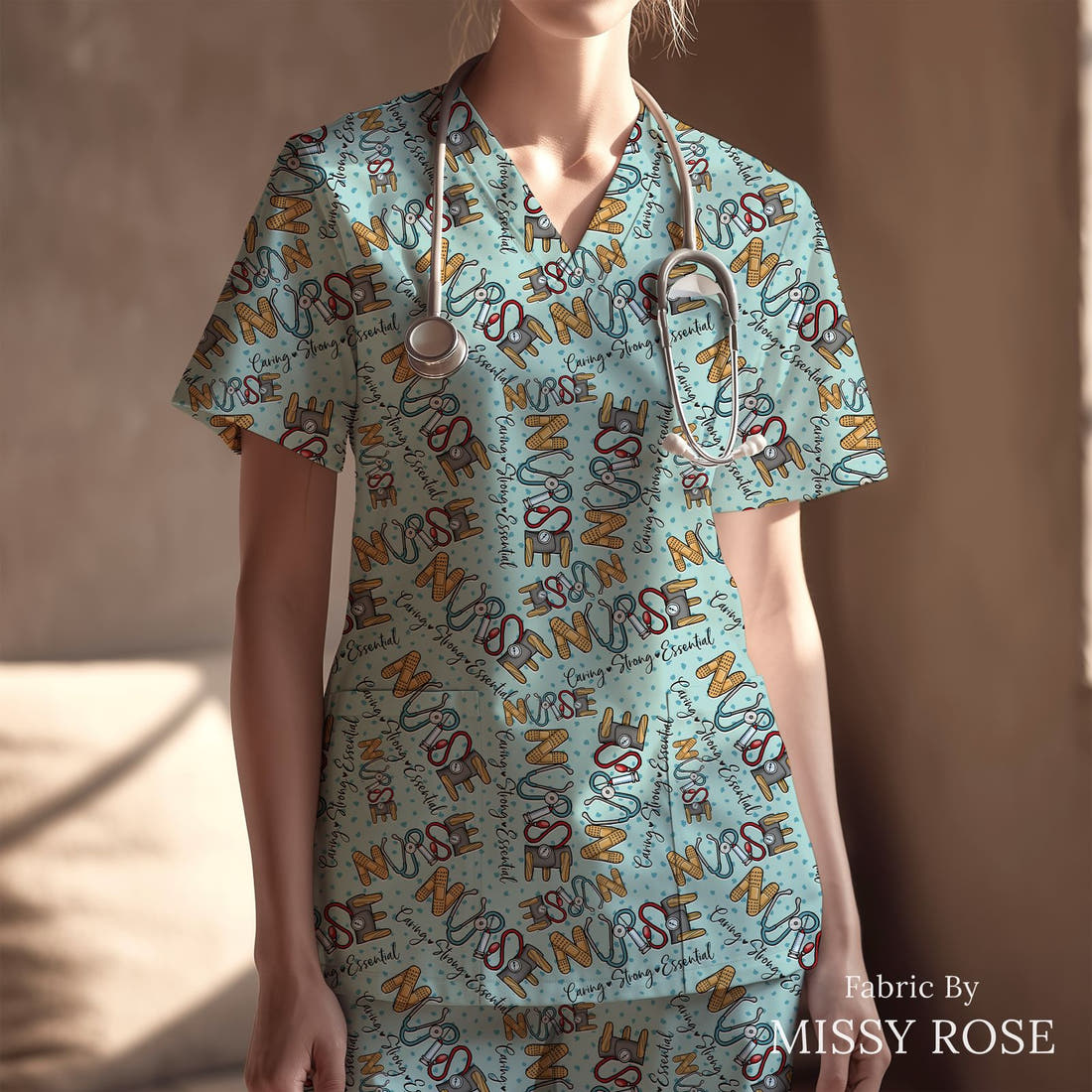 Design 482 Nursing Fabric sewn into a scrubs top – see how the print looks made up | Fabric by Missy Rose